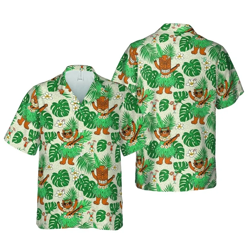 Hawaiian Cats Tiki Mask Fabric Print, Monstera, Plumeria, Cocktails - Beige Teal Orange Green Black Short-sleeve Hawaiian Shirt - 1