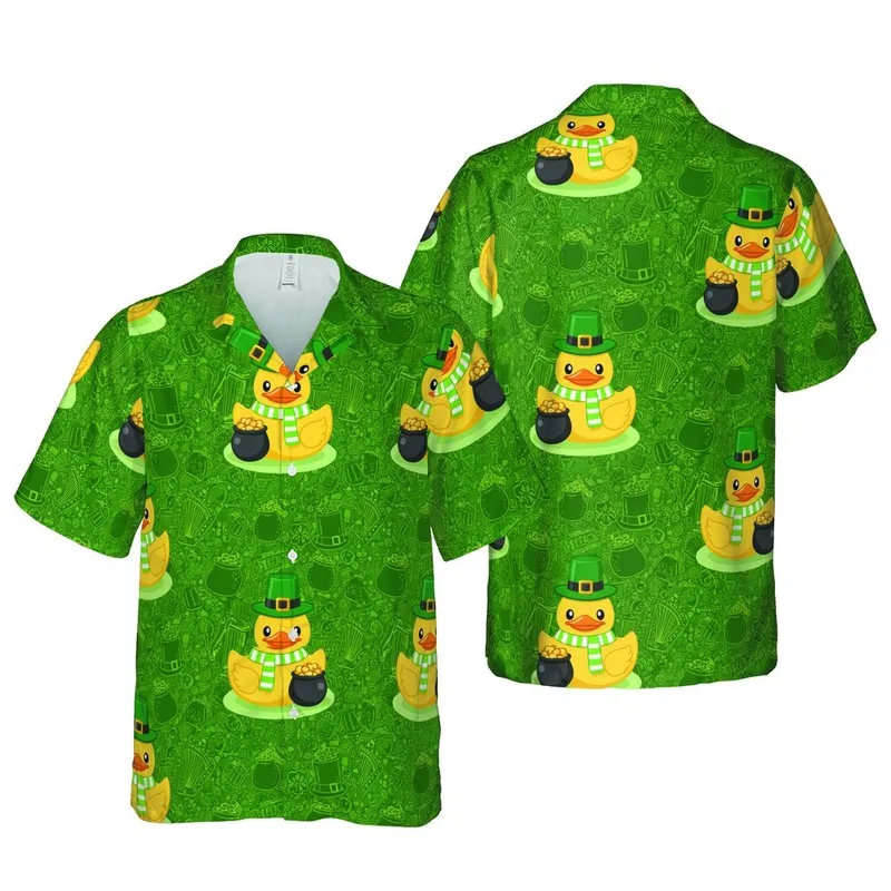 Leprechaun Duck Hawaiian Shamrocks Pattern St. Patrick's Day Gold Coin Celtic Harp Design Short-sleeve Hawaiian Shirt - 1