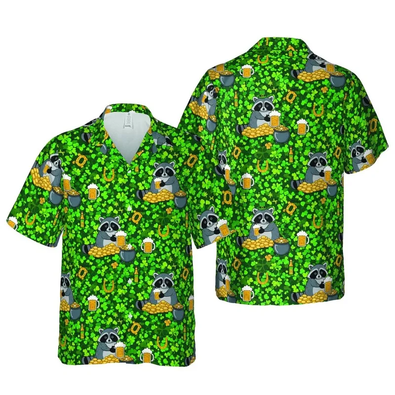 Cartoon Raccoon Hawaiian Print with Beer Steins, Gold Coins & Shamrock Mosaic Design Short-sleeve Hawaiian Shirt - 1