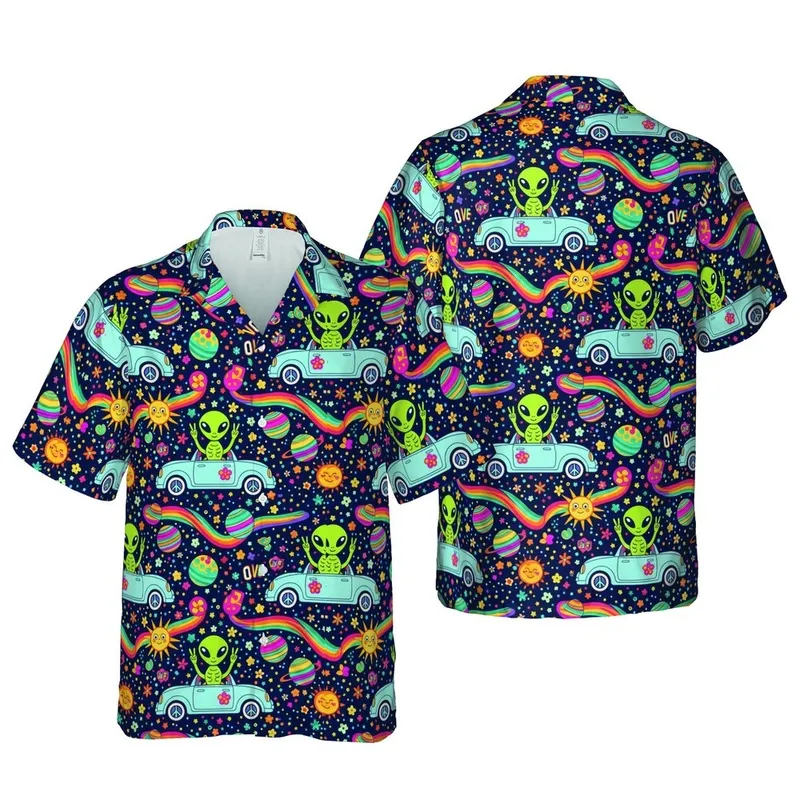 Hawaiian Alien Car Scene: Peace Sign Aliens, Rainbow Roads, Starry Blue Botanical Short-sleeve Hawaiian Shirt - 1