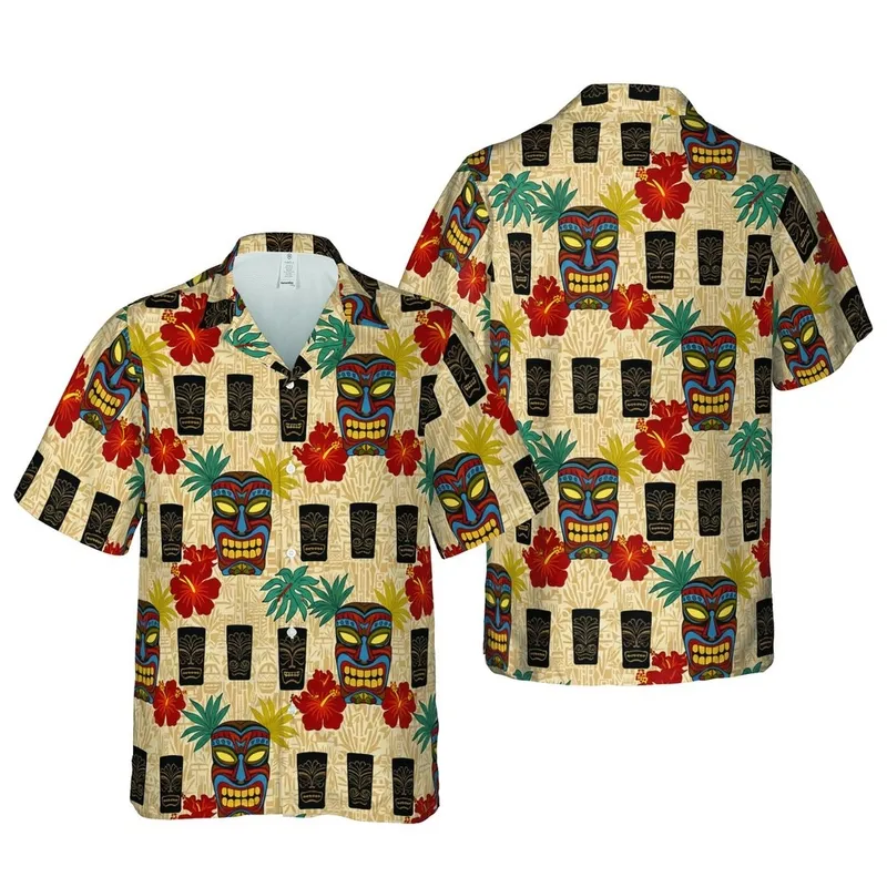 Polynesian Carved Tiki Masks Hawaiian Leaf Tropical Tribal Sublimation Print Short-sleeve Hawaiian Shirt - 1