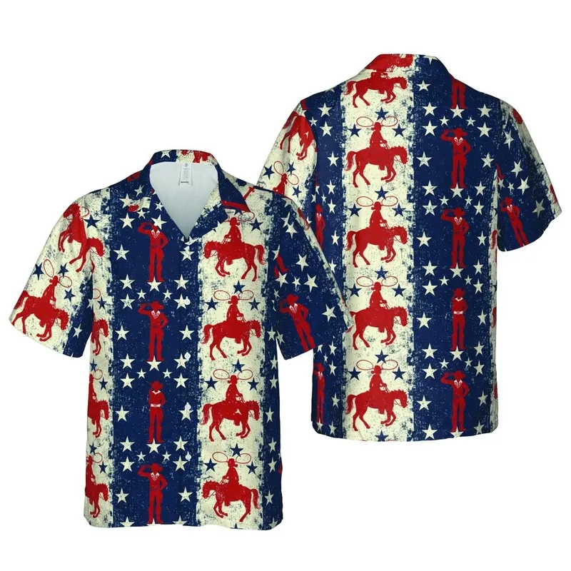 Western Cowboy Cowgirl Horse Riding Lasso Distressed Stars Hawaiian Print Short-sleeve Hawaiian Shirt - 1