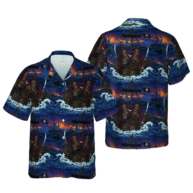 Red Coat Skeleton Pirate Battle, Tricorn Hat Ship Deck, Dark Ocean Hawaiian Pattern Short-sleeve Hawaiian Shirt - 1