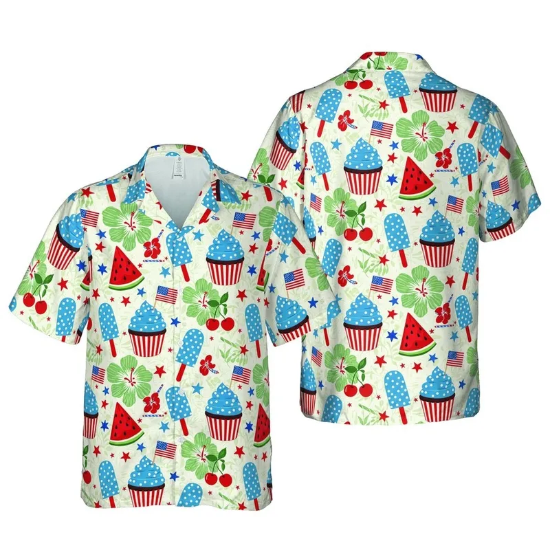 Patriotic Cupcakes, Blue Popsicles, Watermelon, Cherries, Star Hawaiian Pattern Short-sleeve Hawaiian Shirt - 1