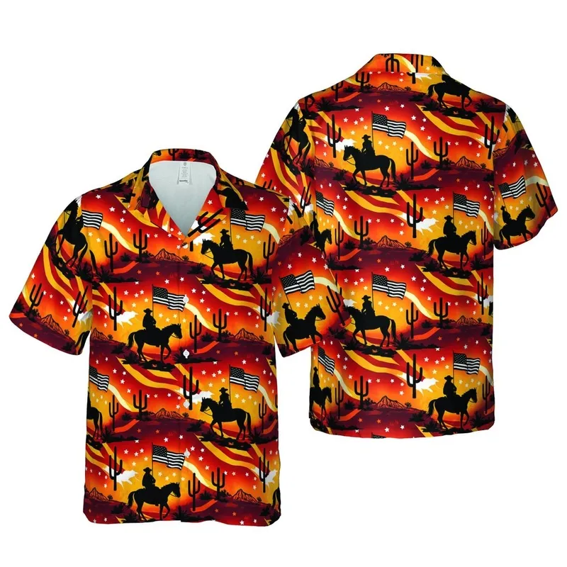 Patriotic Western Cowboy Horse Flag Sunset Hawaiian Pattern Desert Cactus Short-sleeve Hawaiian Shirt - 1