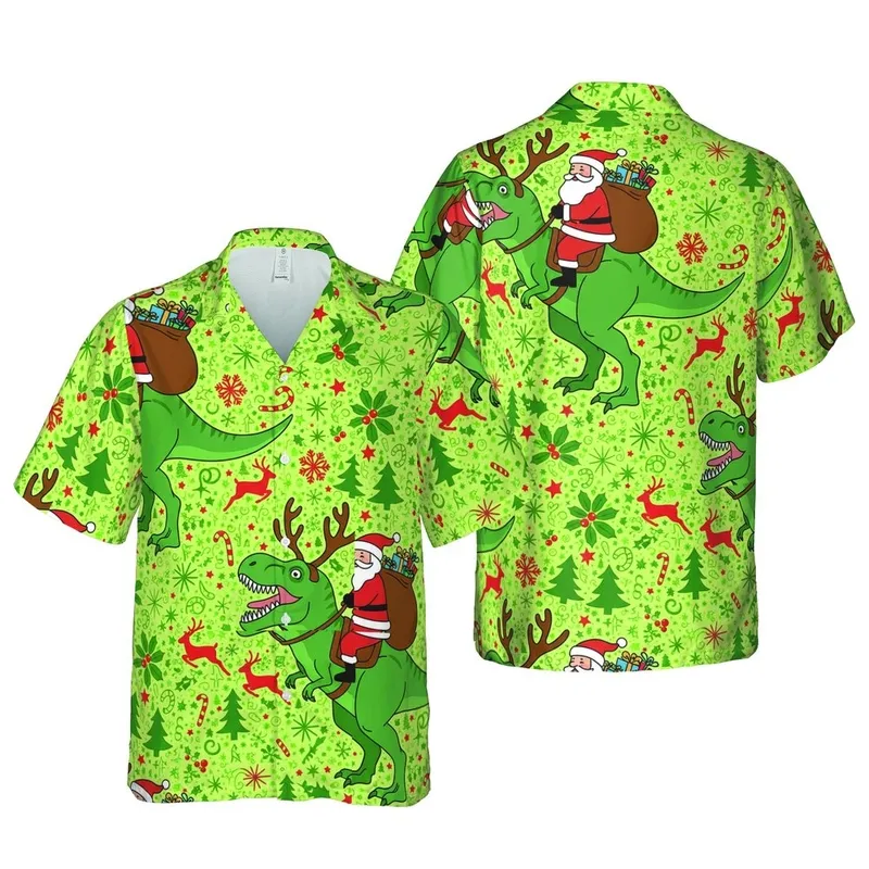 Santa Claus Riding Roaring T-Rex Antlers Hawaiian Christmas Presents Motif Short-sleeve Hawaiian Shirt - 1