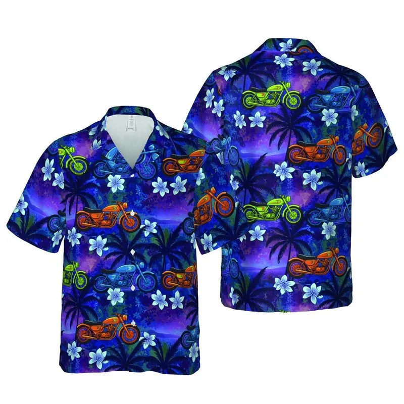 Seamless Vintage Motorcycle Pattern: Cafe Racer Cruiser Palm Dusk Purples Blues Short-sleeve Hawaiian Shirt - 1
