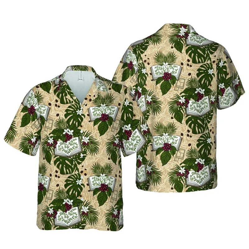 Olive Green Coffee Plant Book Design with Monstera Palm Wood Grain Pattern Short-sleeve Hawaiian Shirt - 1