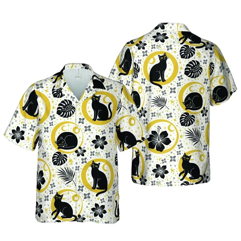 Black Cat Lover Hawaiian Pattern: Cat Silhouettes, Golden Moons & Starfield Mosaic Short-sleeve Hawaiian Shirt - 1