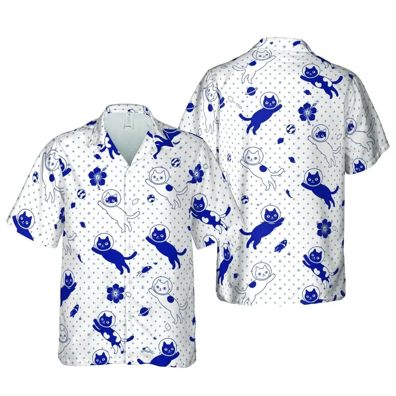 Cat Lover Astronaut Helmet Cats, Planets, Spaceships, Star Plus Sign White Navy Short-sleeve Hawaiian Shirt - 1