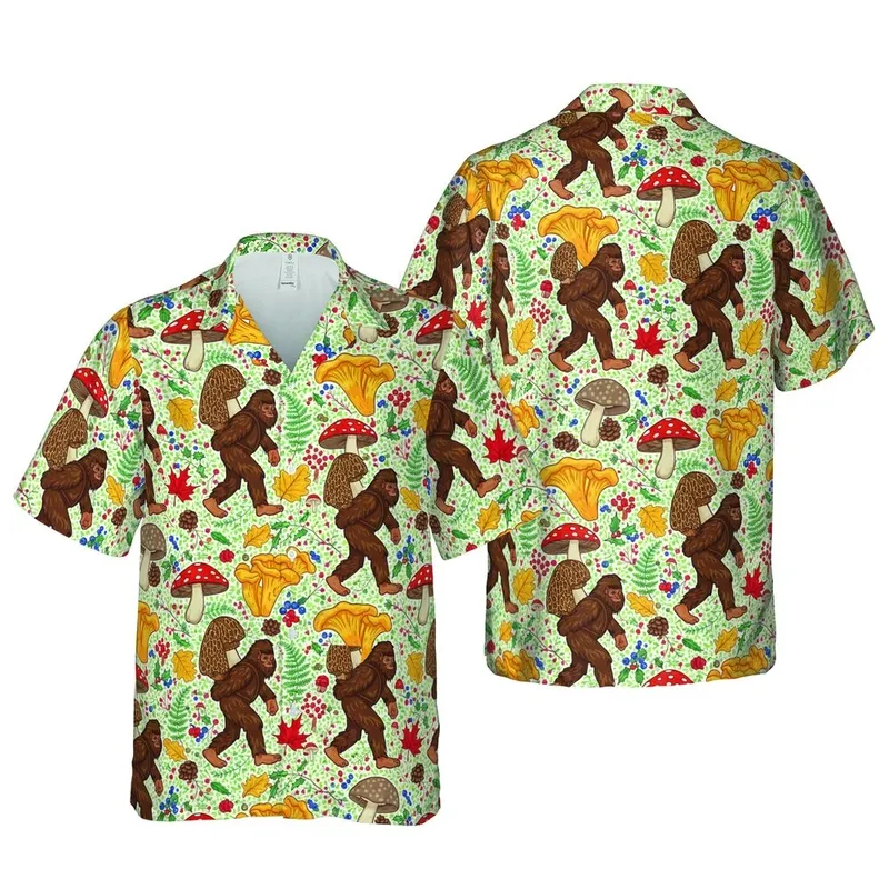 Hawaiian Tropical Bigfoot Morel Mushroom Print: Fly Agaric, Fern, Maple Leaf Short-sleeve Hawaiian Shirt - 1