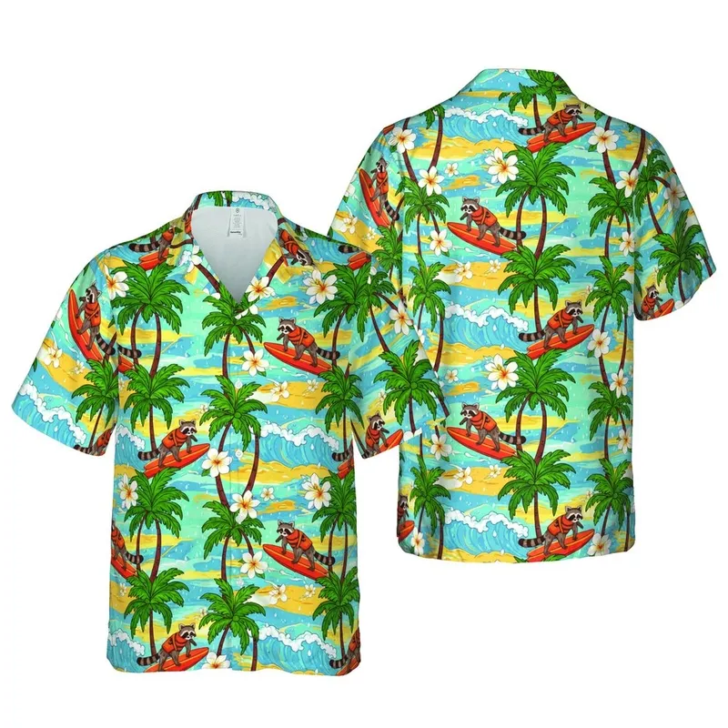 Raccoons Surfing Red Orange Boards & Vests: Hawaiian Ocean Waves, Palm Trees Tile Short-sleeve Hawaiian Shirt - 1