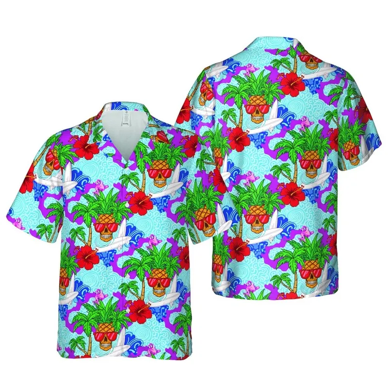 Hawaiian Pineapple Skull Flamingo Surf Tropical Palm Hibiscus Reef Waves Short-sleeve Hawaiian Shirt - 1