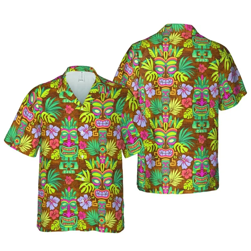 Tiki Mask Totem Hawaiian Geometric Wood Grain Pattern Fabric Design Short-sleeve Hawaiian Shirt - 1