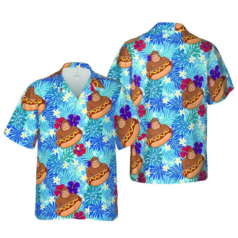 Cartoonish Muscular Sasquatch Hot Dog Hawaiian Tropical Hibiscus Leaf Blue Green Red Purple Short-sleeve Hawaiian Shirt - 1