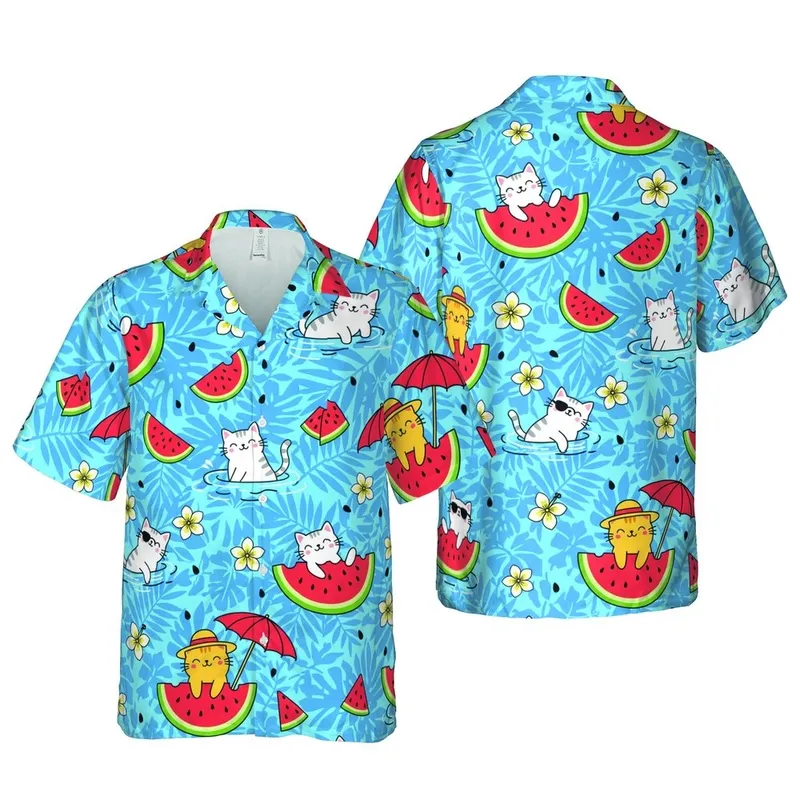 Cat Lover's Hawaiian Cats Watermelon Sunglasses Hats Parasols Sky Blue Design Short-sleeve Hawaiian Shirt - 1