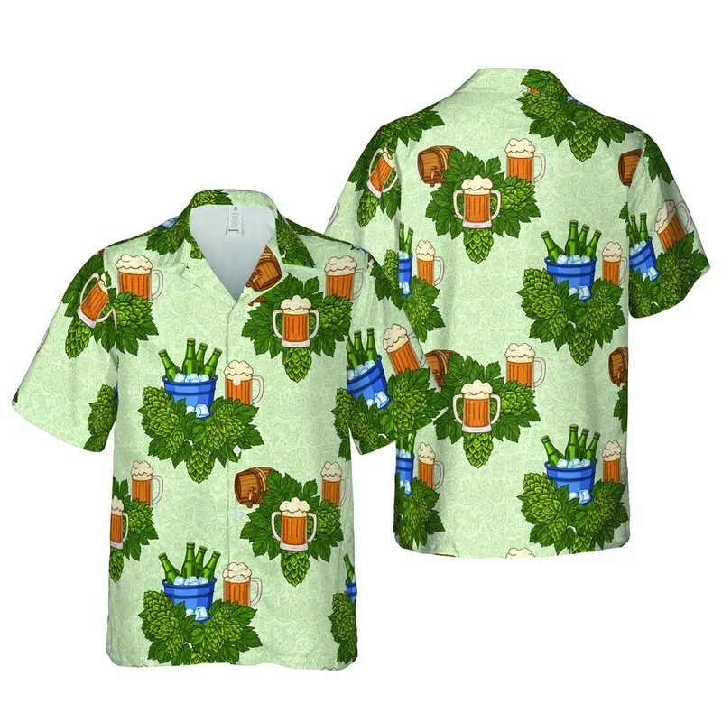 Beer Enthusiast Golden Amber Hop Cone Tropical Mug Bottle Barrel Fabric Print Short-sleeve Hawaiian Shirt - 1