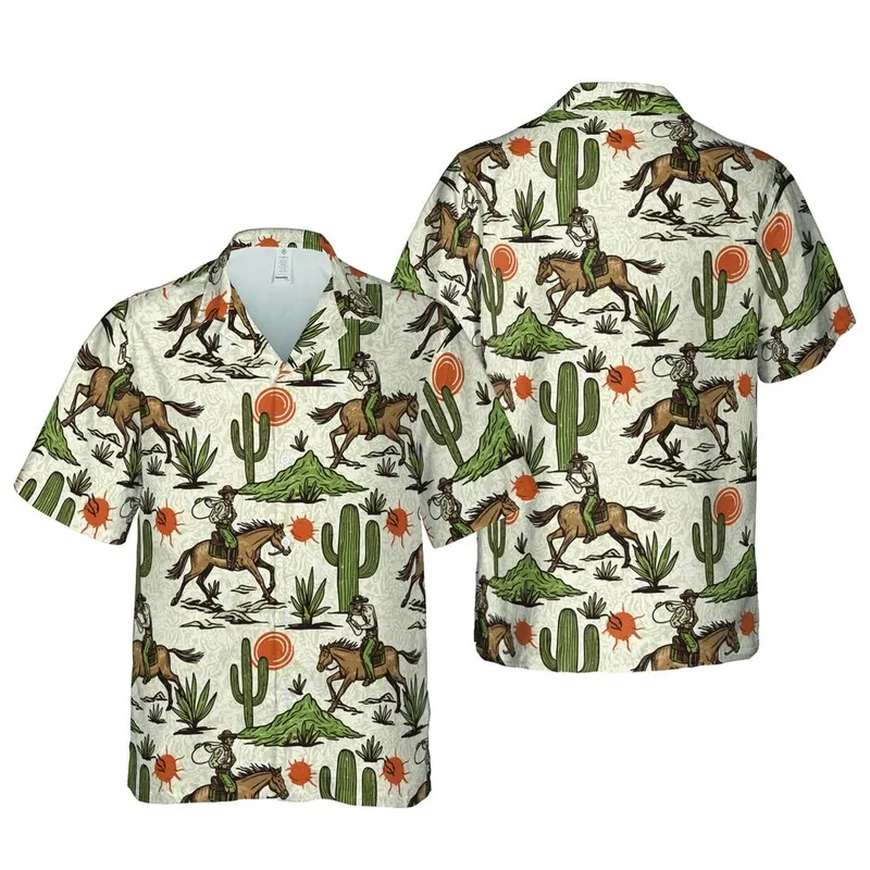 Cowboy Lasso Hawaiian Desert Saguaro Cactus Sun Light Beige Brown Orange Short-sleeve Hawaiian Shirt - 1