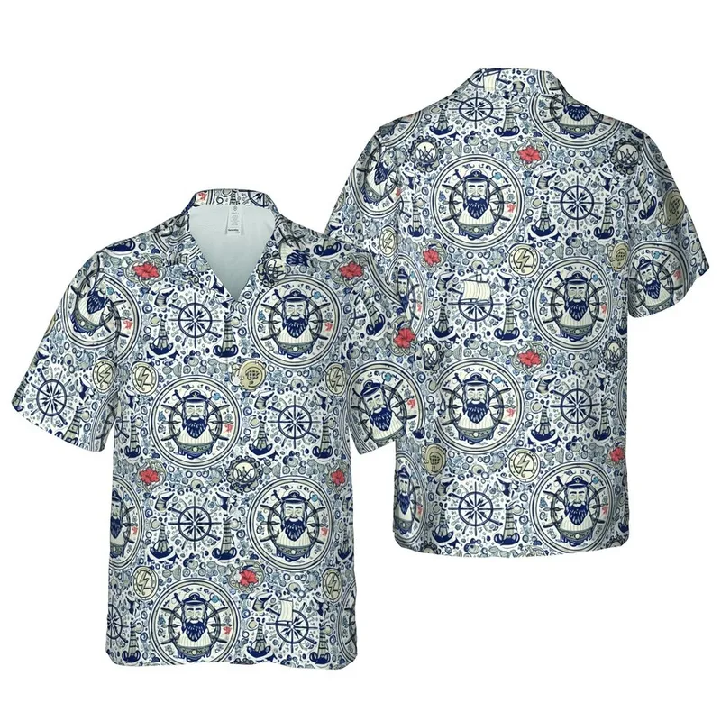 Oceanic Voyager Bearded Captain, Mermaid, Octopus, Sailing Ship, Lighthouse Navy Cream Design Short-sleeve Hawaiian Shirt - 1