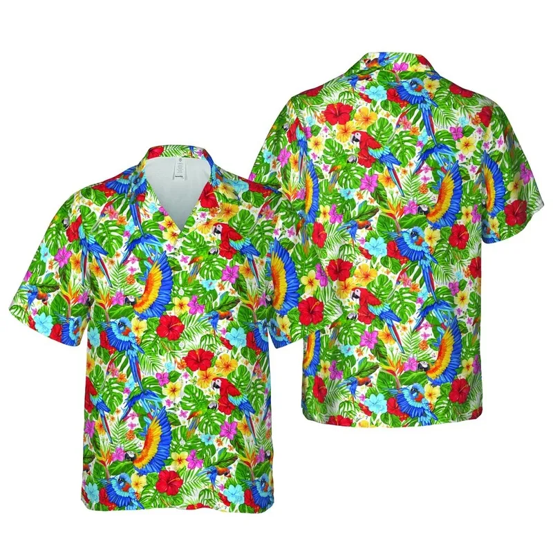 Hawaiian Macaw Parrot Hibiscus Plumeria Monstera Leaf White Canvas Design Short-sleeve Hawaiian Shirt - 1