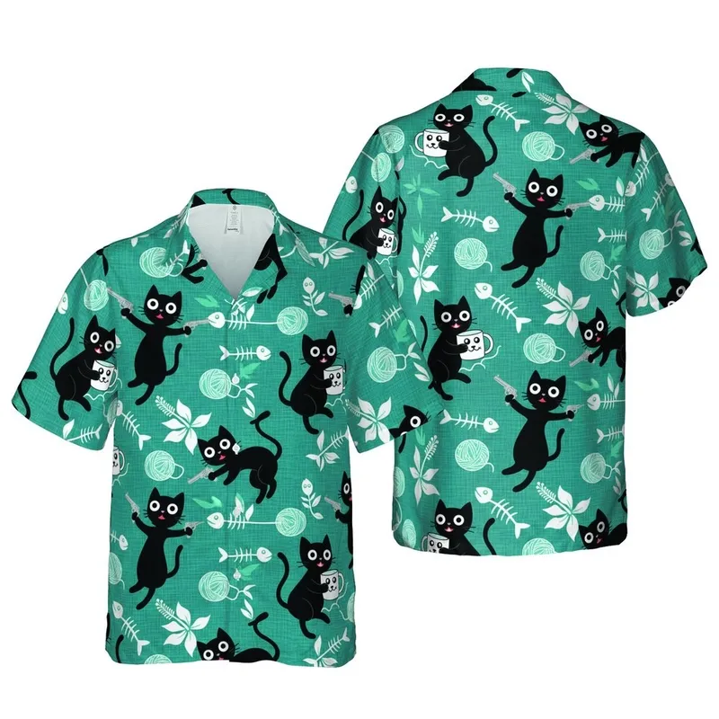 Black Cat Hawaiian Pattern: Mugs, Knives, Pistols, Yarn, Fish Bones, Teal Accents Short-sleeve Hawaiian Shirt - 1