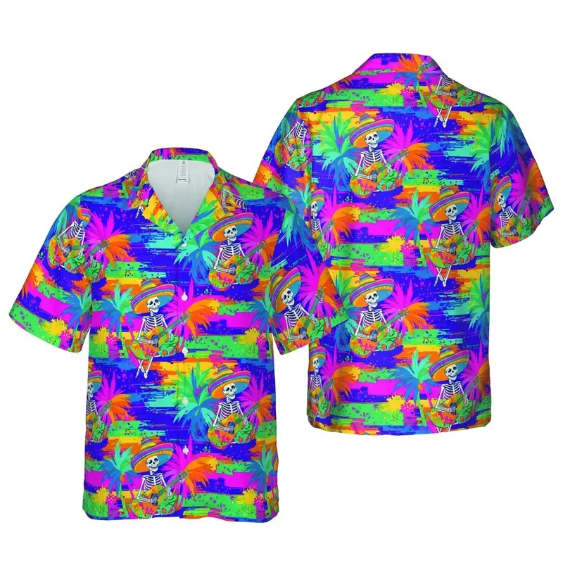 Tropical Sombrero Skeleton Guitarist Palm Fronds Brushstroke Mosaic Bands Textile Short-sleeve Hawaiian Shirt - 1