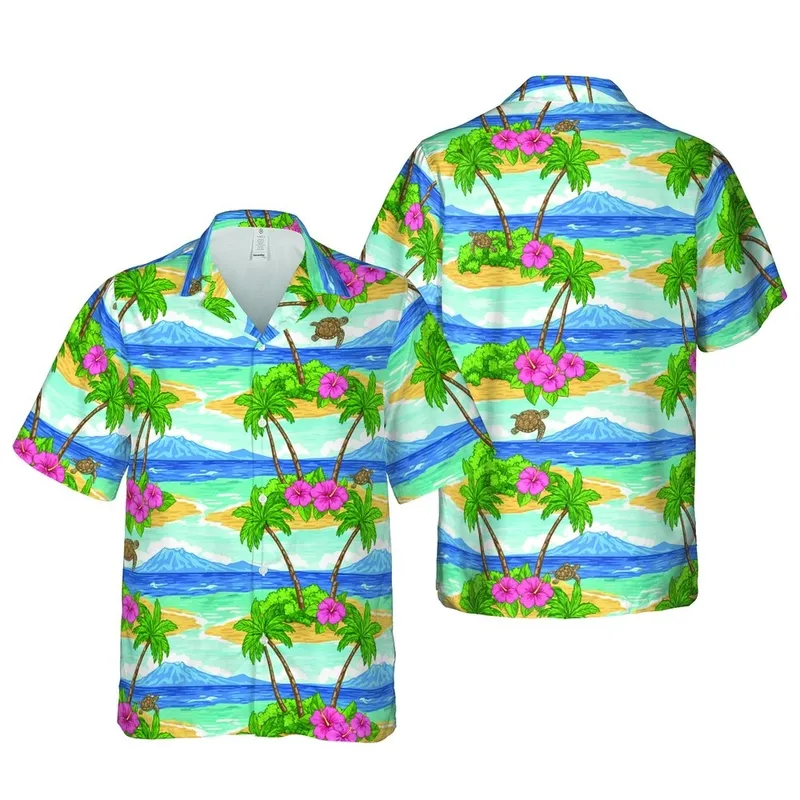 Hawaiian Palm Turtle Island Volcanic Mountain Pink Floral Ocean Beach Sublimation Print Short-sleeve Hawaiian Shirt - 1