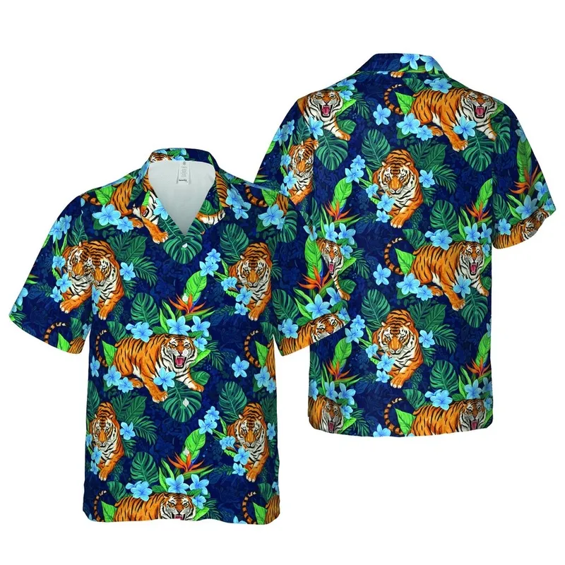 Orange & Black Roaring Tiger Hawaiian: Blue Plumeria, Bird-of-Paradise, Navy Blue Short-sleeve Hawaiian Shirt - 1