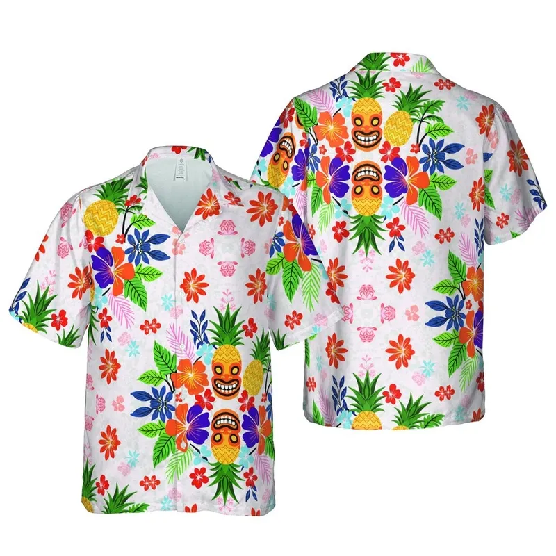 Hawaiian Orange Black Tiki Mask Yellow Pineapple Green Palm Tree Flowers Leaves Seamless Print Short-sleeve Hawaiian Shirt - 1