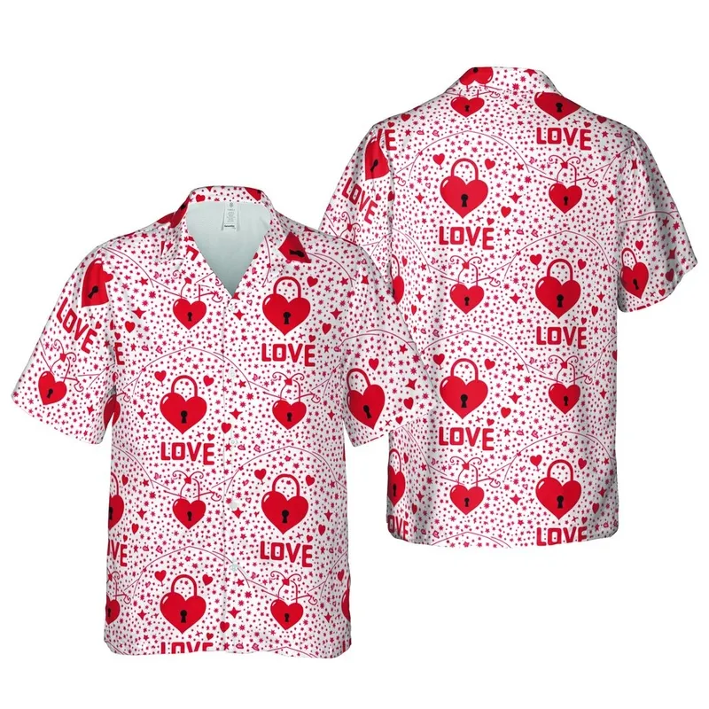 Hearts Padlocks Keys LOVE Lettering Red White Maroon Seamless Mosaic Design Short-sleeve Hawaiian Shirt - 1