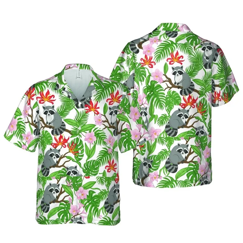 Hawaiian Raccoon Tropical Pattern: Dense Palm Leaf Orchid Red Gloriosa Lily Flora Short-sleeve Hawaiian Shirt - 1