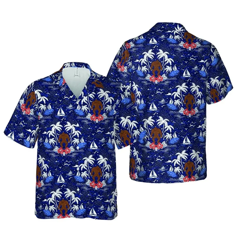 Muscular Brown Sasquatch, Blue Palm Trees, Sailboats, Navy Ocean Ripples Short-sleeve Hawaiian Shirt - 1