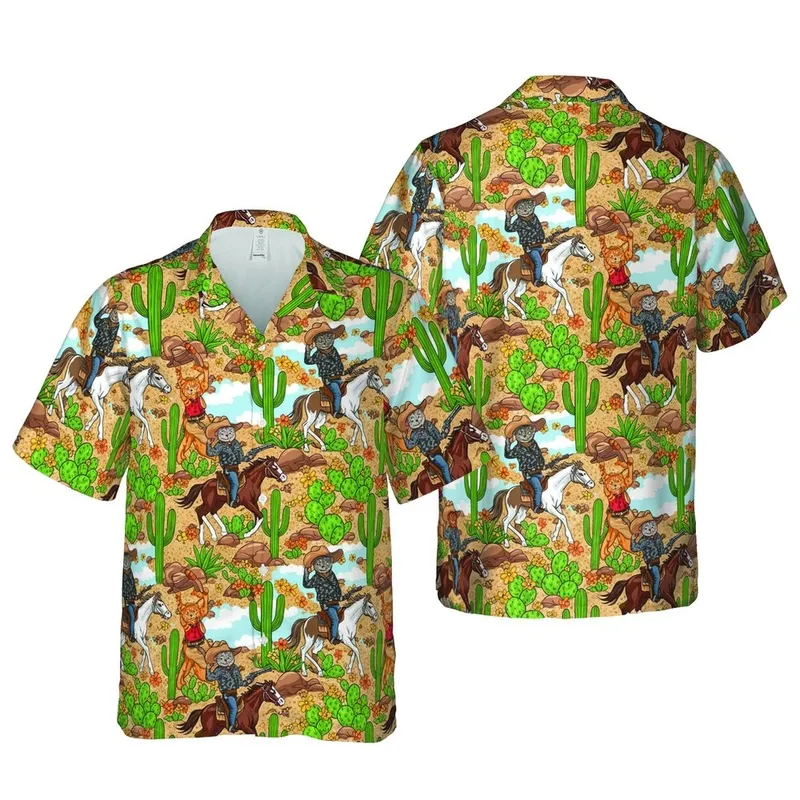 Cowboy Cat Desert Hawaiian Riding Horses Hat Waving Saguaro Cactus Fabric Design Short-sleeve Hawaiian Shirt - 1