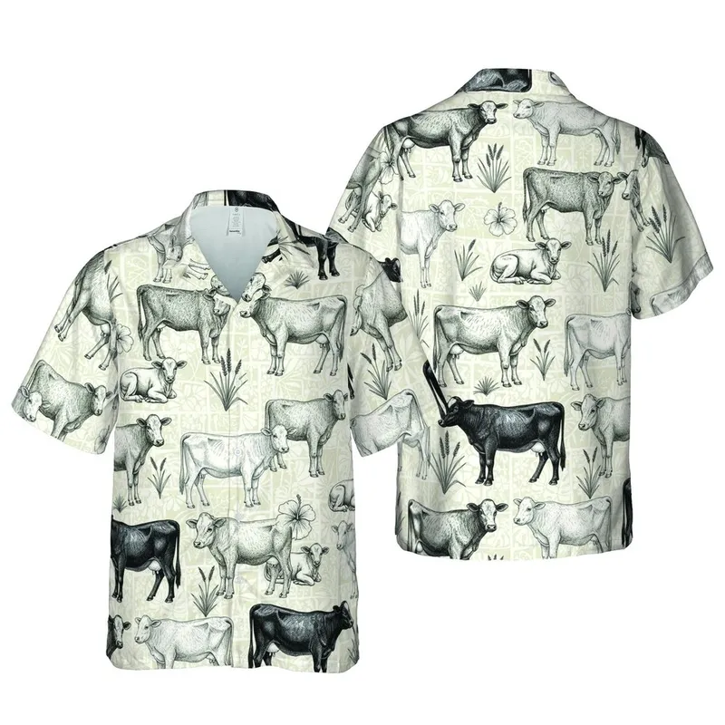 Cattle Herd Engraved Black White Cow Calf Hawaiian Pattern with Wheat Grass Cream Field Design Short-sleeve Hawaiian Shirt - 1