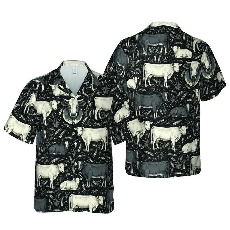 Cattle Enthusiast Black Cream Grey Cow Calf Realistic Sketch Island Botanical Motif Short-sleeve Hawaiian Shirt - 1
