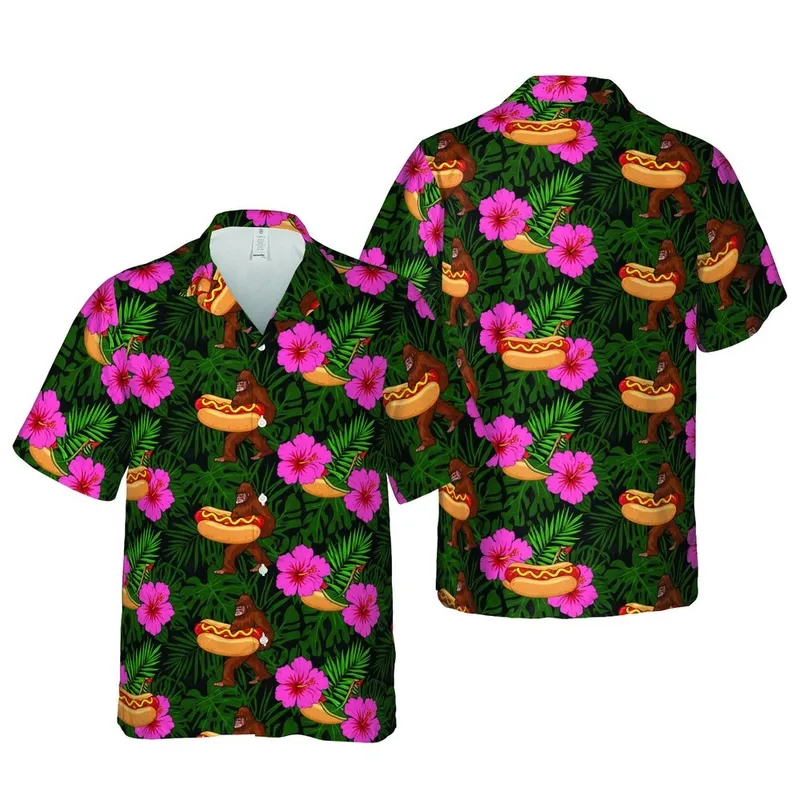 Bigfoot Hot Dog Hawaiian Pattern: Sasquatch, Pink Hibiscus, Dense Tropical Jungle Foliage Short-sleeve Hawaiian Shirt - 1