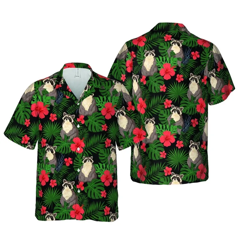 Realistic Raccoon Masked Tropical Monstera Palm Hibiscus Black Fabric Print Short-sleeve Hawaiian Shirt - 1