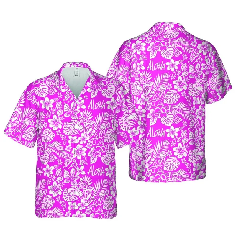 Aloha Flowing White Script Hot Pink Solid Background High Contrast Hawaiian Botanical Pattern Short-sleeve Hawaiian Shirt - 1