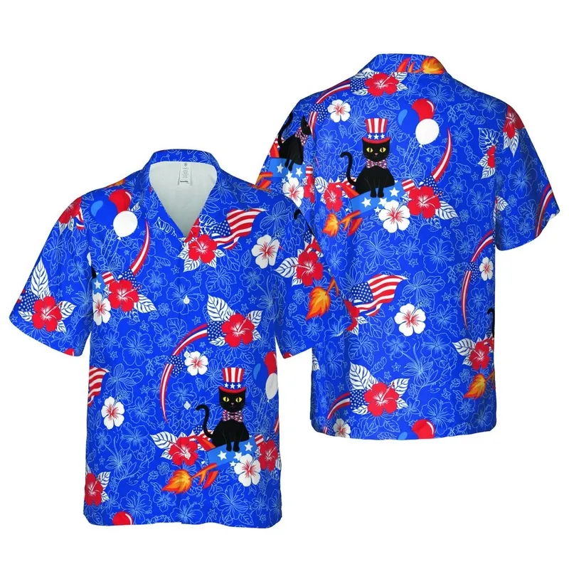Patriotic Black Cats Uncle Sam Rocket Ride American Flag Tropical Hibiscus Pattern Short-sleeve Hawaiian Shirt - 1