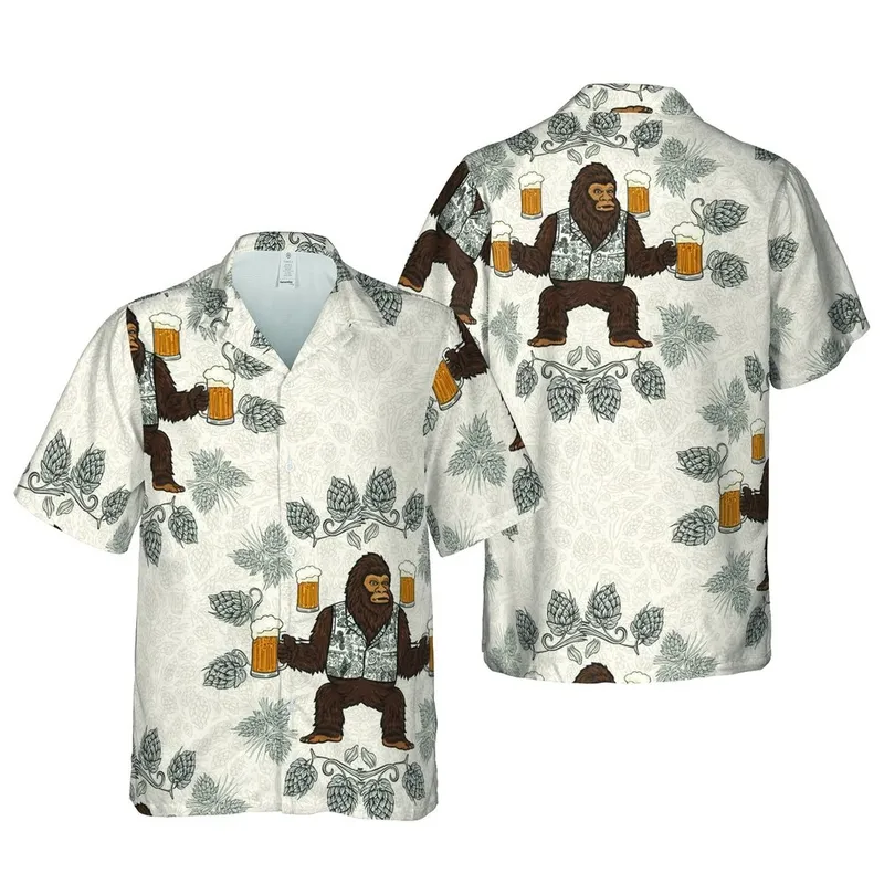Bigfoot Beer Lover Hawaiian Sasquatch Frothy Mug Hop Wheat Brown Amber Cream Pattern Short-sleeve Hawaiian Shirt - 1