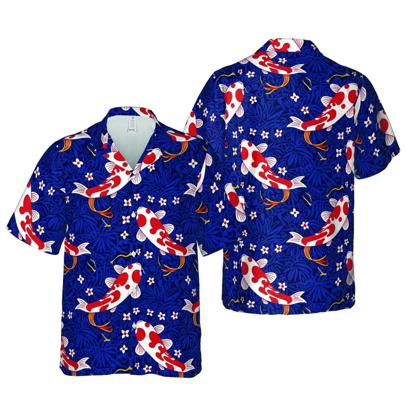 Hawaiian Koi Fish Seamless Design: Navy Red White Gold High Contrast Floral Mosaic Short-sleeve Hawaiian Shirt - 1
