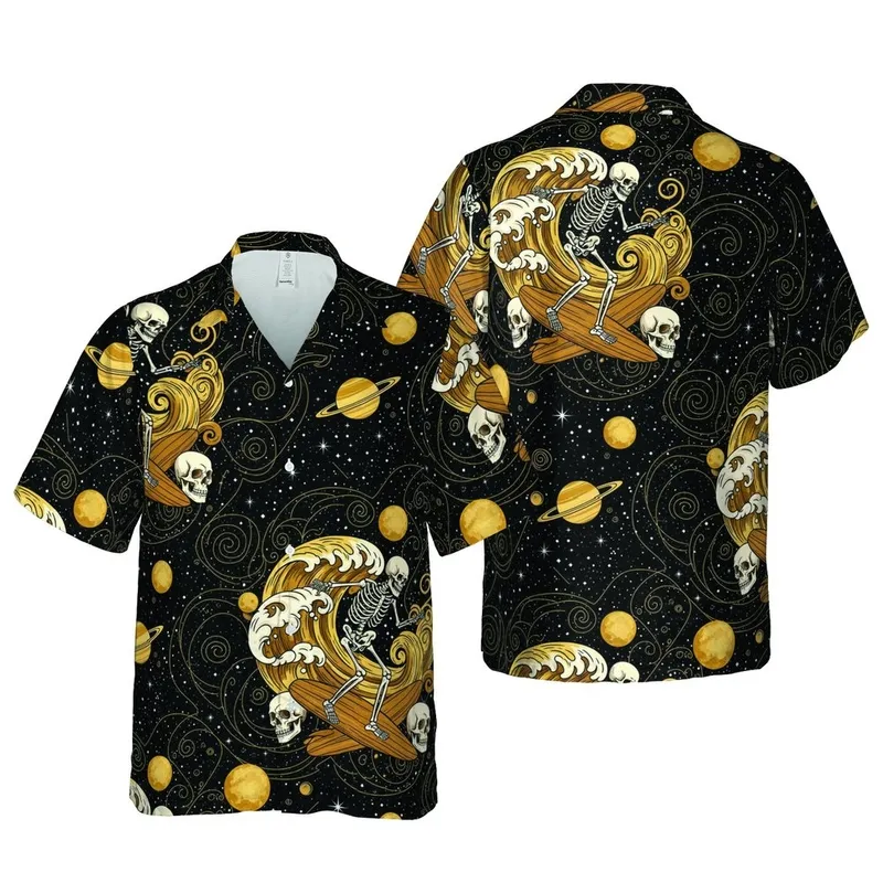 Skeletons Surfing Golden Waves Skulls Planets Moons Stars Seamless Fabric Design Short-sleeve Hawaiian Shirt - 1