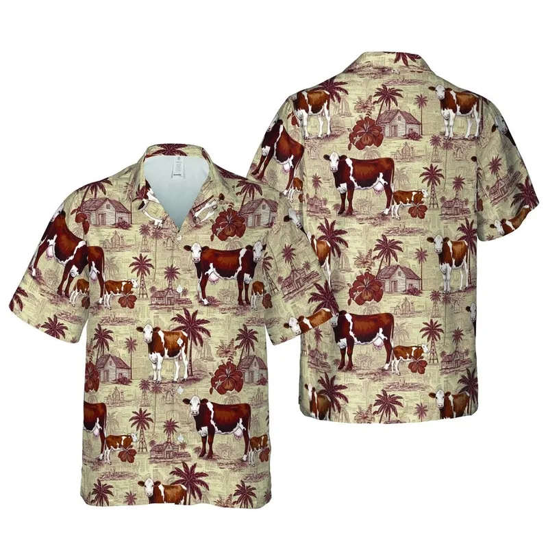 Brown White Cow Calf Hawaiian Tropical Farm Landscape Sepia Etchings Short-sleeve Hawaiian Shirt - 1