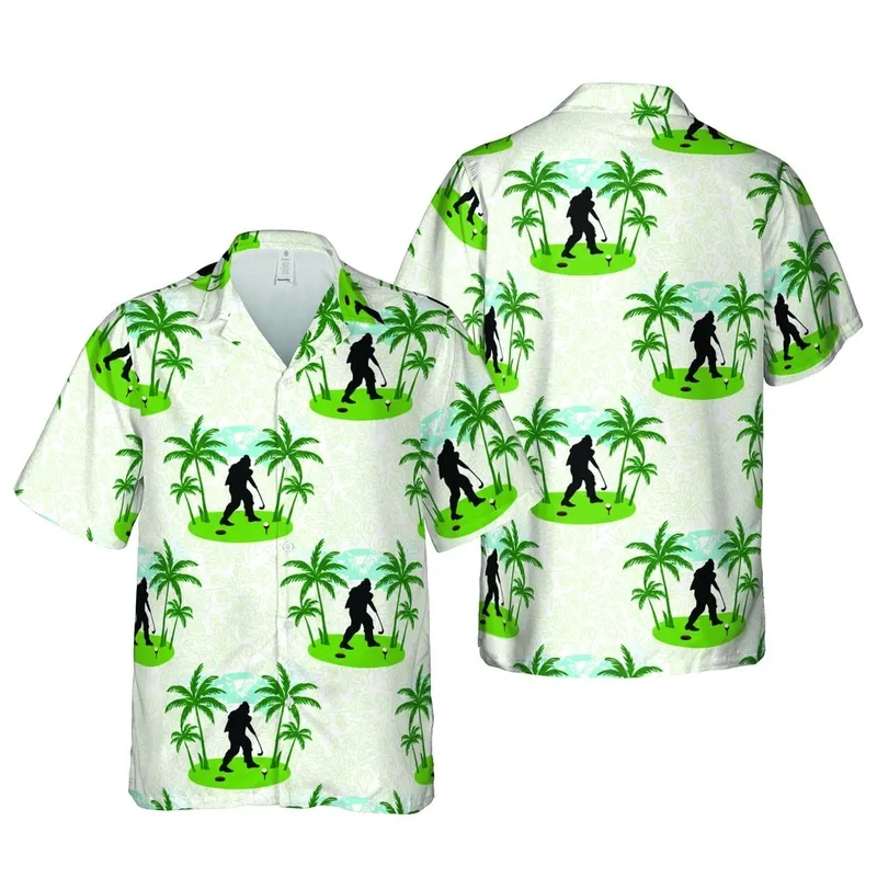 Bigfoot Golfer Hawaiian Tropical Pattern: Black Silhouette Golf Course Palm Leaf Design Short-sleeve Hawaiian Shirt - 1