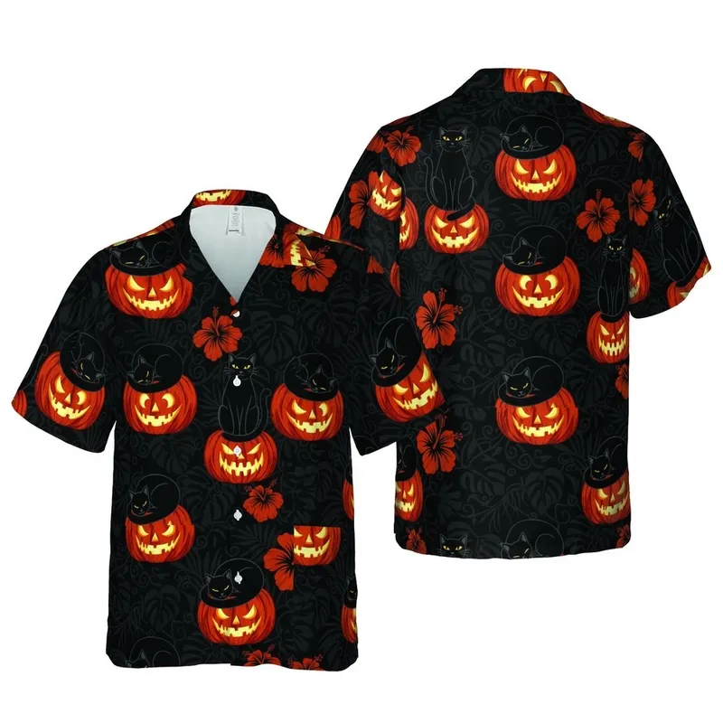 Diverse Black Cats Halloween Jack-o'-Lantern Tropical Seamless Print: Orange Yellow Black Short-sleeve Hawaiian Shirt - 1