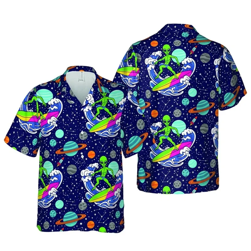 Green Alien Surfers Cosmic Hawaiian Pattern: Planets, Stars, Surfboards, Ocean Waves Short-sleeve Hawaiian Shirt - 1