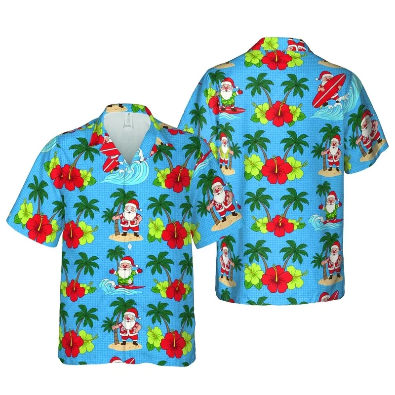 Santa Claus Surfing Tropical Island Poses Red Hibiscus Palm Blue Mosaic Short-sleeve Hawaiian Shirt - 1
