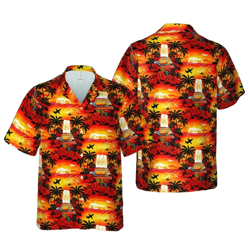 Hawaiian Hot Rod Surfboard Plane Waterfall Island Sunset Gradient Pattern Short-sleeve Hawaiian Shirt - 1
