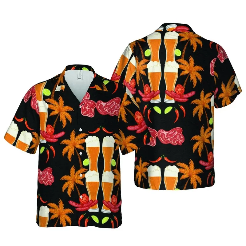 Hawaiian Pilsner Beer Palm Trees Grill Sausages Chili Lime Seamless Fabric Pattern Short-sleeve Hawaiian Shirt - 1