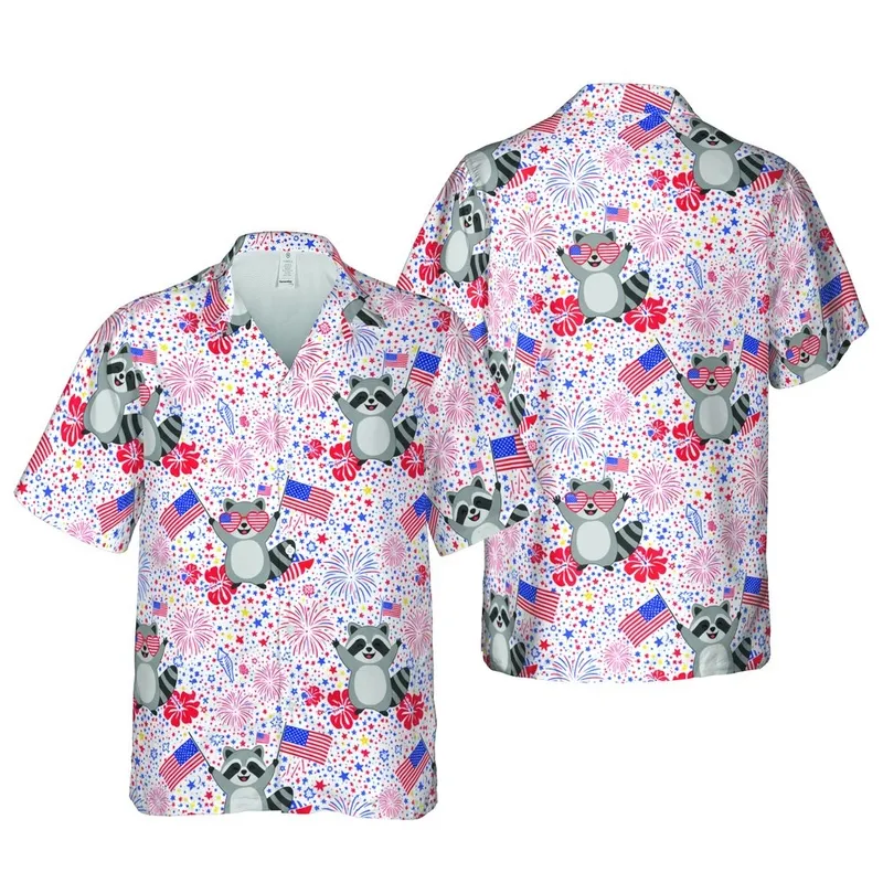 Patriotic Raccoon Hawaiian Pattern Flag Sunglasses Fireworks Stars Red White Blue Short-sleeve Hawaiian Shirt - 1